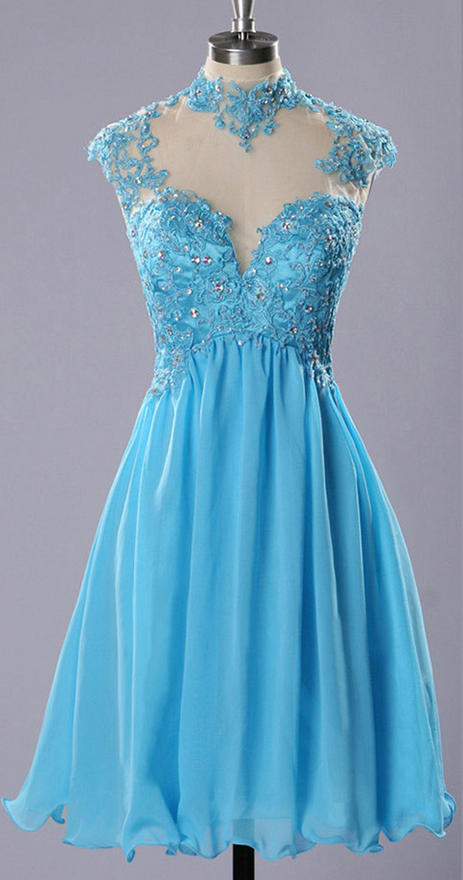 High Neck Prom Dresses With Lace Appliques, Light Blue Chiffon Prom Dresses, Short Tulle Homecoming Dresses
