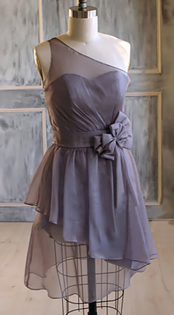 Short Bridesmaid Dress With A Feminine Bow, One Shoulder Bridesmaid Dress, Light Slate Gray Chiffon Bridesmaid Gowns