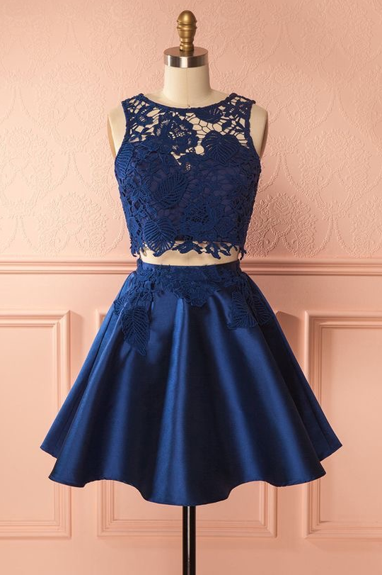 Navy Blue Lace And Satin Two Piece Prom Dresses,sleeveless Two Piece Homecoming Dresses