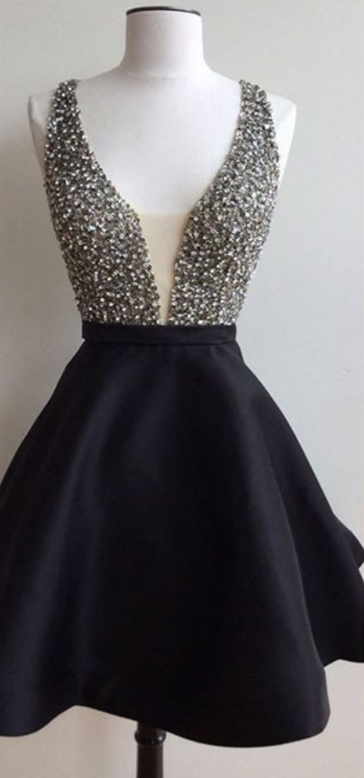 Homecoming Dresses,black V Neck Sequin Short Prom Dress, Cute Homecoming Dress