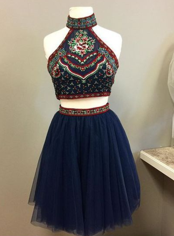 Two Piece Homecoming Dress,short Homecoming Dresses,halter Backless Prom Dress,sexy Prom Gown