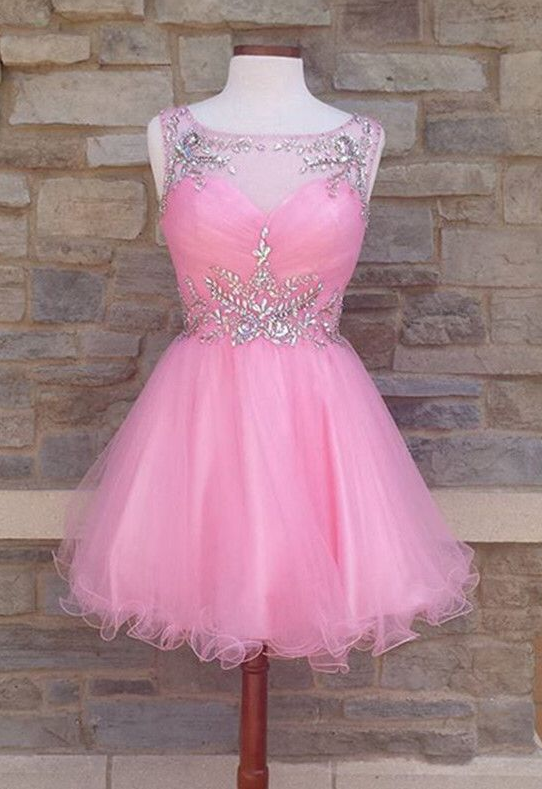 Cute A Line Homecoming Dresses, Blush Pink With Beaded Neck