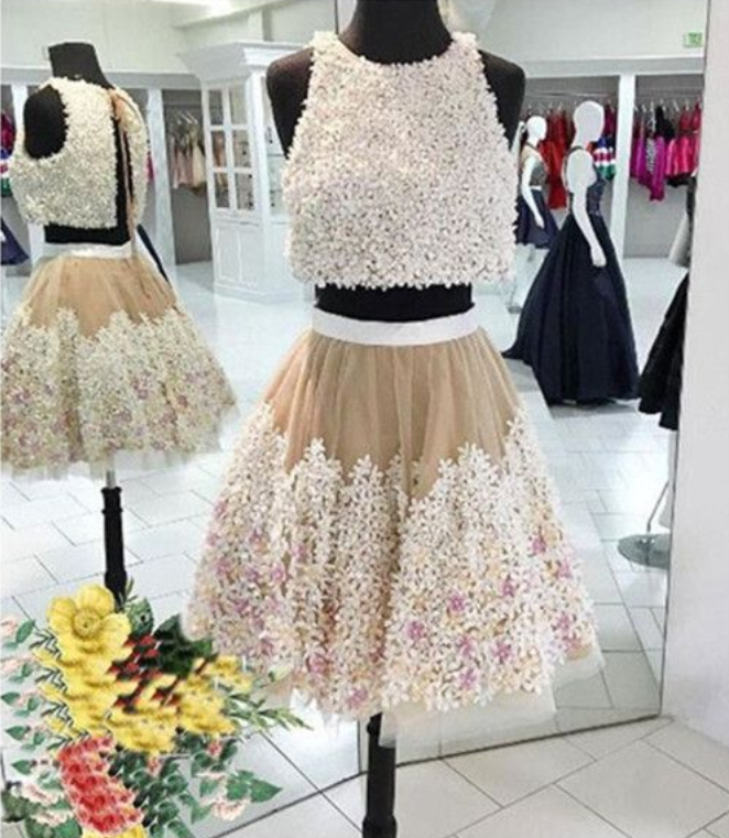 A-line Floral Lace Homecoming Dresses, Two Piece Prom Dress Short