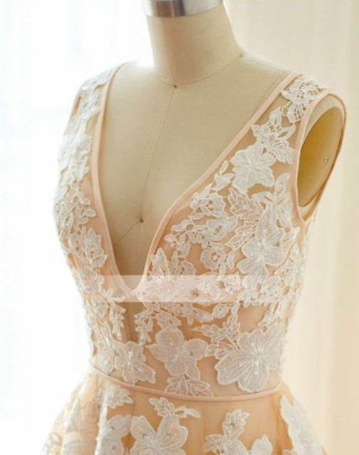 Champagne V-neck Applique Tulle Prom Dress,long White Lace Evening Dress,long  Tulle Party Dress,home on Luulla