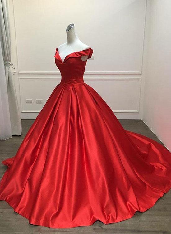 Red V-neck Off The Shoulder Long Prom Dress,satin Evening Dress With Sweep Train