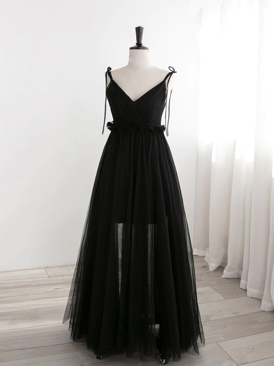 Spaghetti Strap A-line Prom Dresses,black Tulle Long Prom Dresses, Black Sexy Evening Dresses