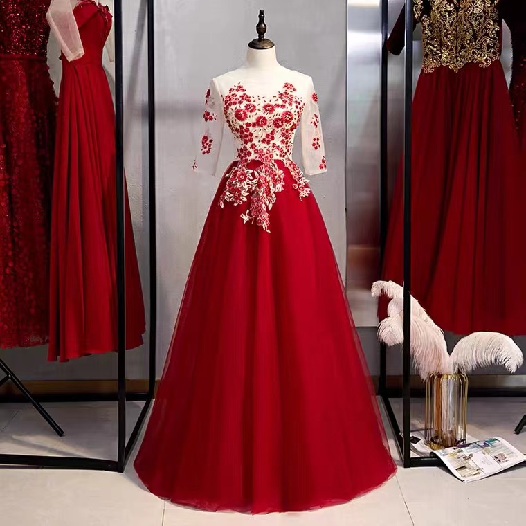 Red Dress,mid Sleeve Formal Dress ,chic Prom Dress With Applique