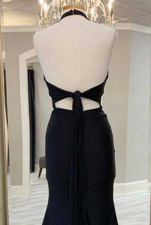 Stylish Halter Black Satin Mermaid Long Wedding Guest Dress Formal Party Dress Birthday Outfits main image 0