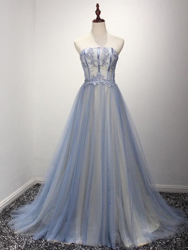 A Line Strapless Prom Dress, Modest Beautiful Long Prom Dress,tulle Long Banquet Party Dress
