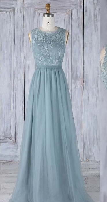 A Line Lace Tulle Prom Dresses With Sleeves LBQH0051