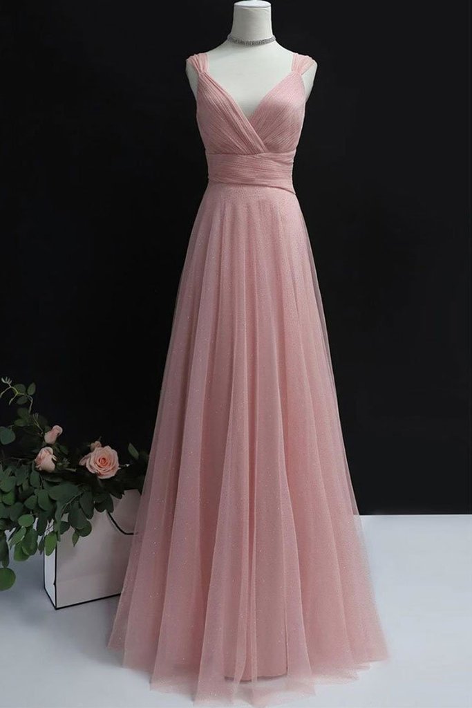 Elegant Sleeveless Tulle Simple A Line V Neck Formal Prom Dress