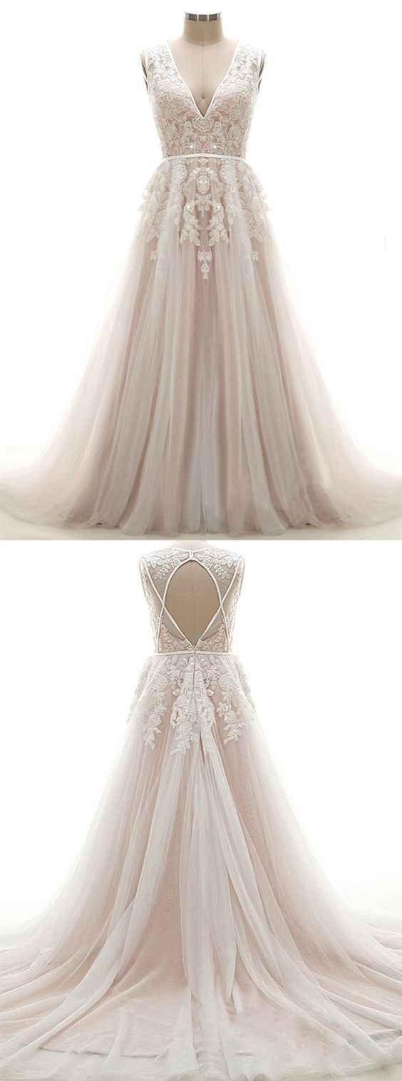 V-neck A-line Sweep-length Appliques Formal Dresses