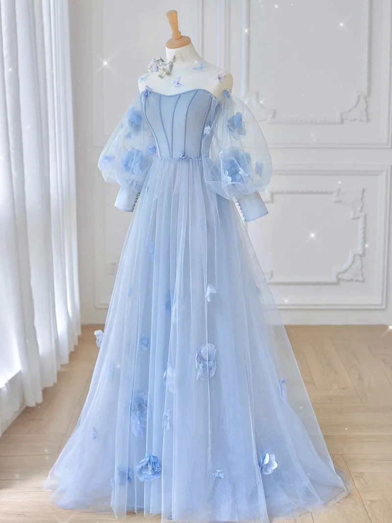 Elegant Long Sleeves With Flowers Tulle Formal Prom Dress, Beautiful Long Prom Dress, Banquet Party Dress