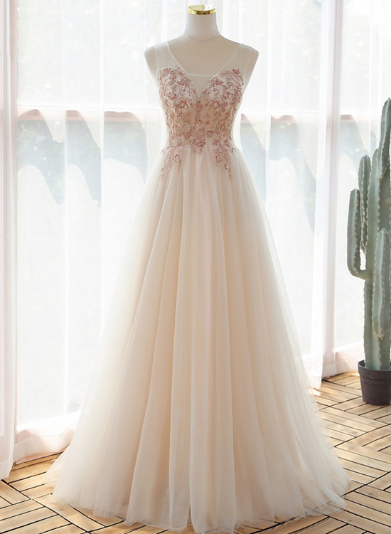 Elegant V-neckline Beaded Tulle Formal Prom Dress, Beautiful Prom Dress, Banquet Party Dress