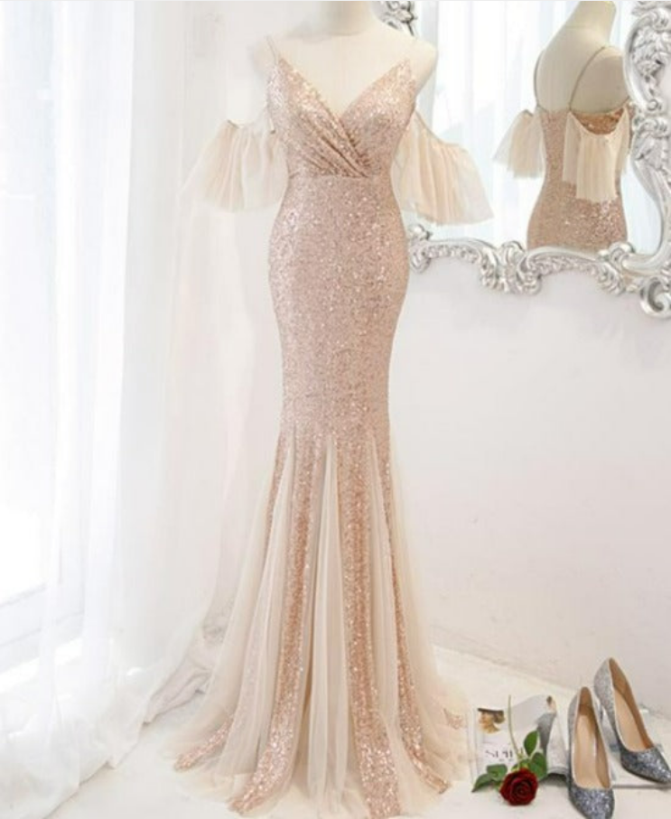 Elegant Long Mermaid One Shoulder Tulle Sequins Prom Dress with Slit main image 0