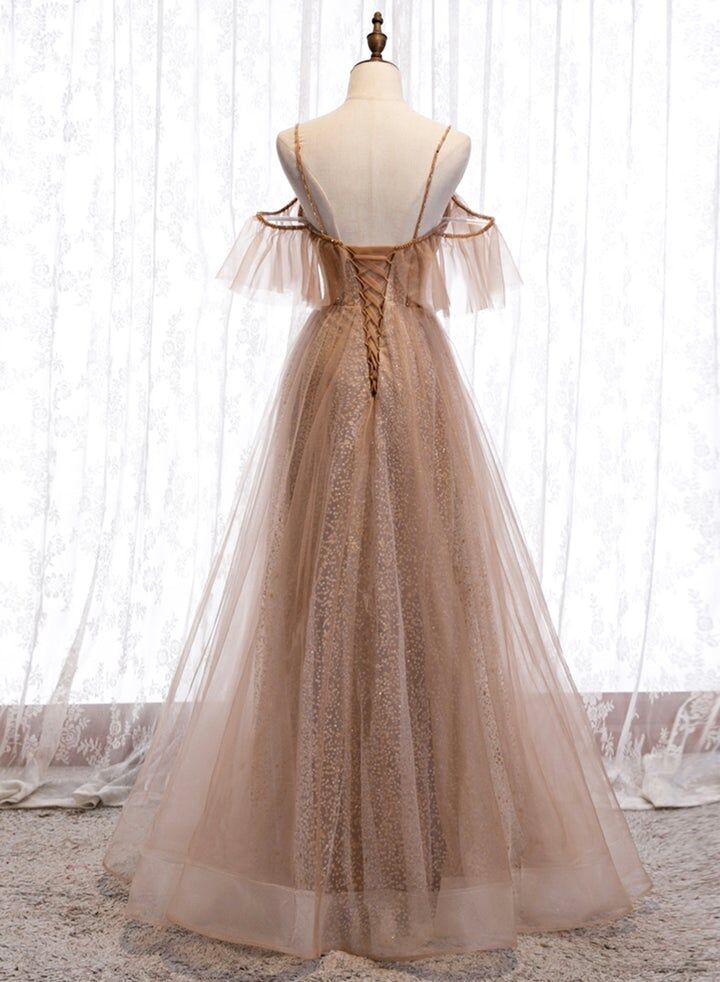 Beautiful Champagne Off Shoulder Tulle A-line Party Dress, Long Prom Dress