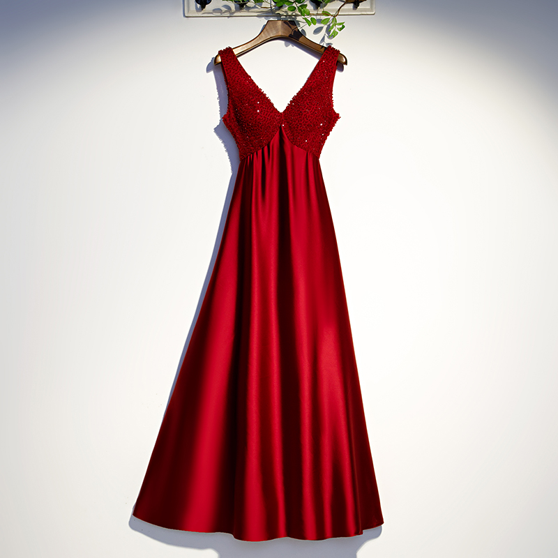 Evening Dress Red Elegant Beads Deep V-neck Sleeveless Floor-length Simple A-line Satin Plus Size Women Formal Party Gown