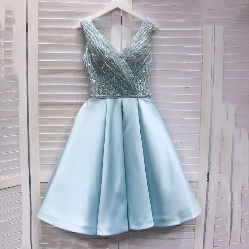 Party Dresses Sky Blue Shiny Sequins V-neck Sequins Satin A-line Tea-length Pleat Plus Size Lace Up Women Prom Gowns