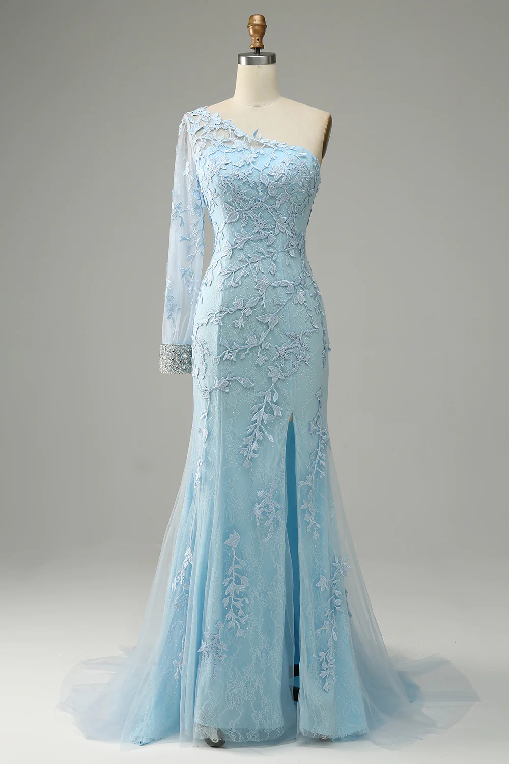 Elegant Mermaid One Shoulder Light Sky Blue Satin Bow Long Prom Dress Evening Dress main image 1