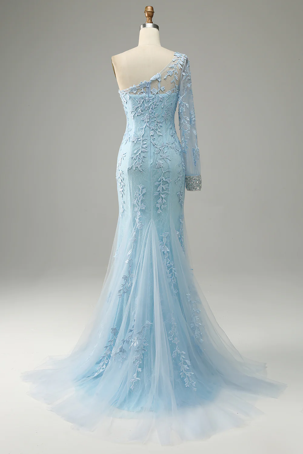 Sky Blue Formal Dress Chiffon One Shoulder Long Mermaid Wedding Guest Dress With Ruffles