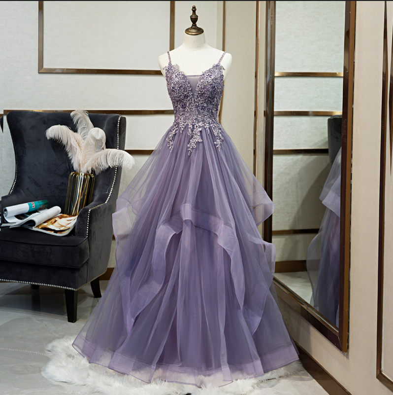 Evening Dress Purple Appliques Beading Quality V-neck Lace Up Plus Size A-line Floor-length Customized Formal Dresses
