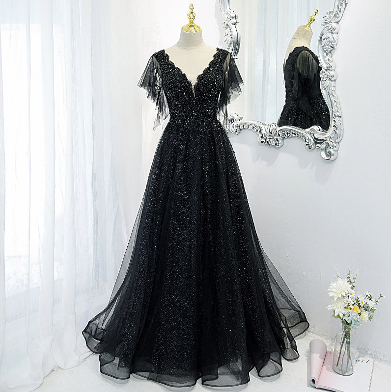 Evening Dress Black V-neck Floor-length Empire Short Sleeves Sequins A-line Beautiful Tulle Party Formal Dresses Woman