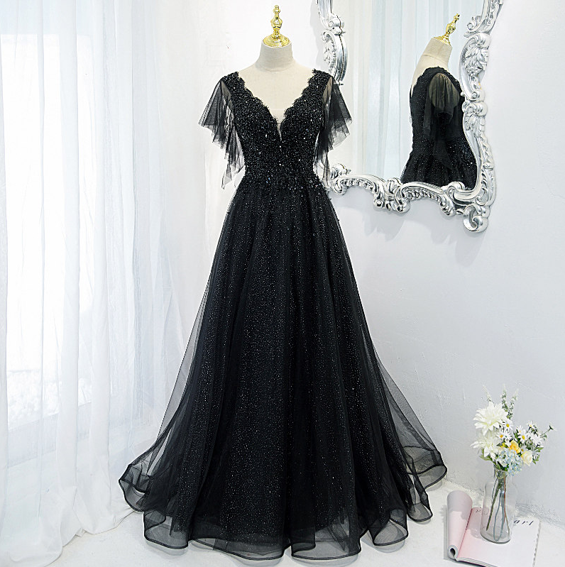 Evening Dress Black V-neck Floor-length Empire Short Sleeves Sequins A-line  Beautiful Tulle Part on Luulla