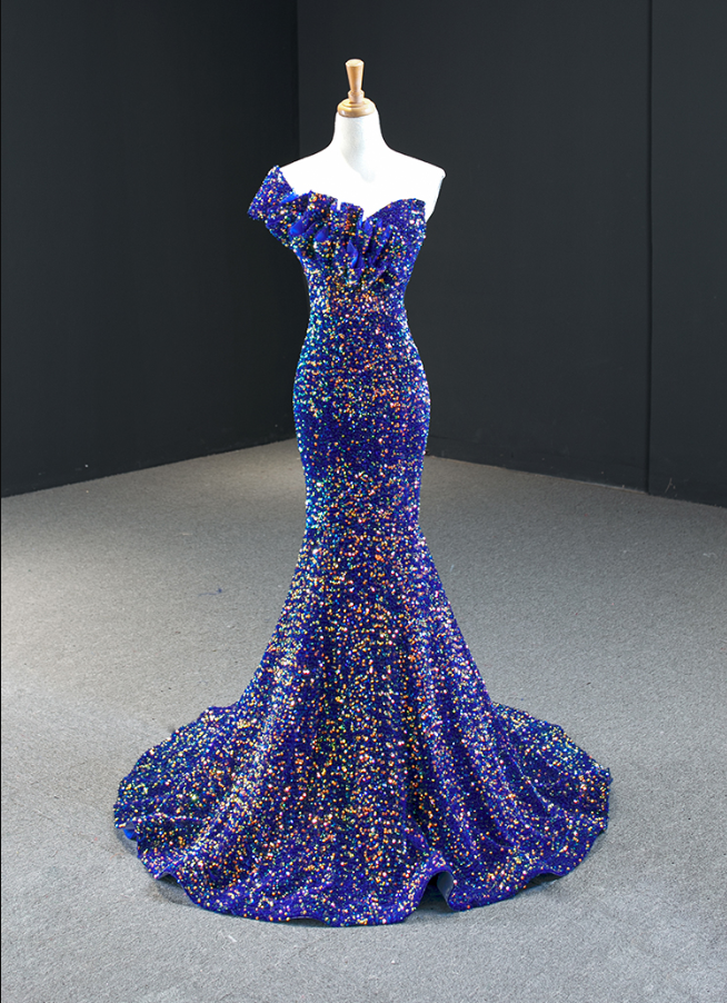 Prom Dresses,blue Fishtail Flounce Sleeveless High Waisted Goddess Temperament Gowns Glitter Cocktail Dresses