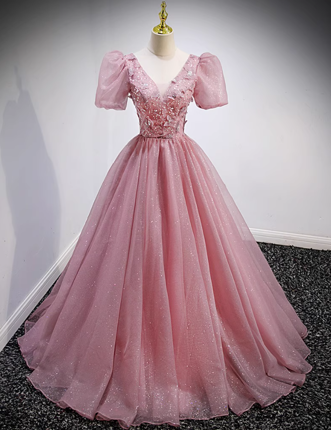 Prom Dresses,pink V Neck Beaded Embellished Evening Gowns Banquet Light Luxury Haute Couture Gowns