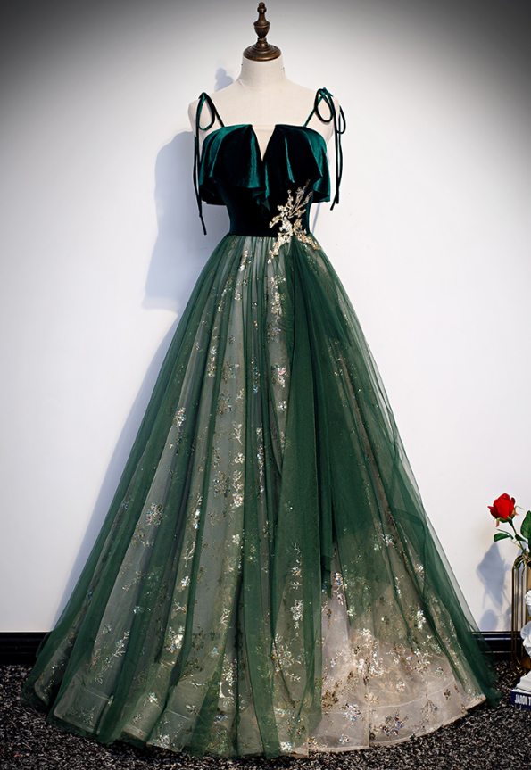 Prom Dresses,sequins Embellished High Feeling Sleeveless Evening Gowns Dark Green Velvet Mesh Patchwork Bar Mitzvah Dresses