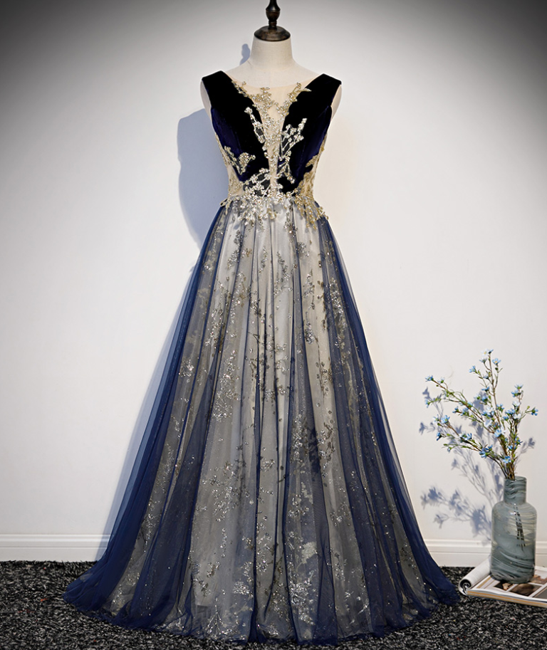 Prom Dresses,romantic Elegant Navy Blue Evening Gowns Sheer V-neck Upscale Temperament Long Gowns