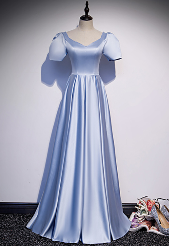 Prom Dresses,high End Noble Blue Satin Formal Gowns V-neck Stately Banquet Gowns