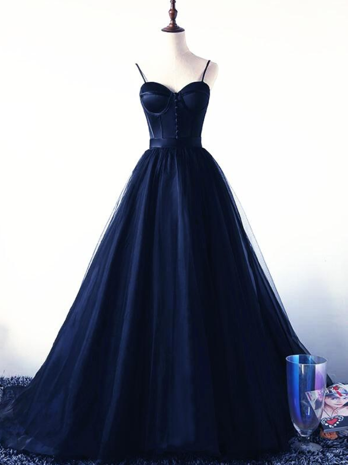 Prom Dresses,charming Navy Blue Tulle And Satin Straps Long Party Dress
