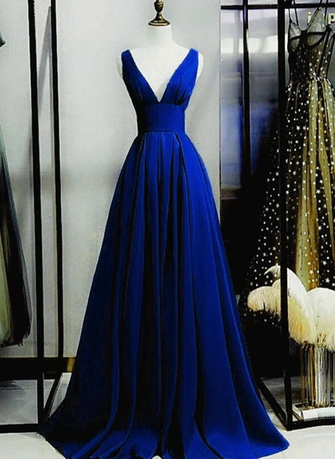 Prom Dresses,royal Blue Satin Deep V-neck Long Dance Blue Formal Evening Dress