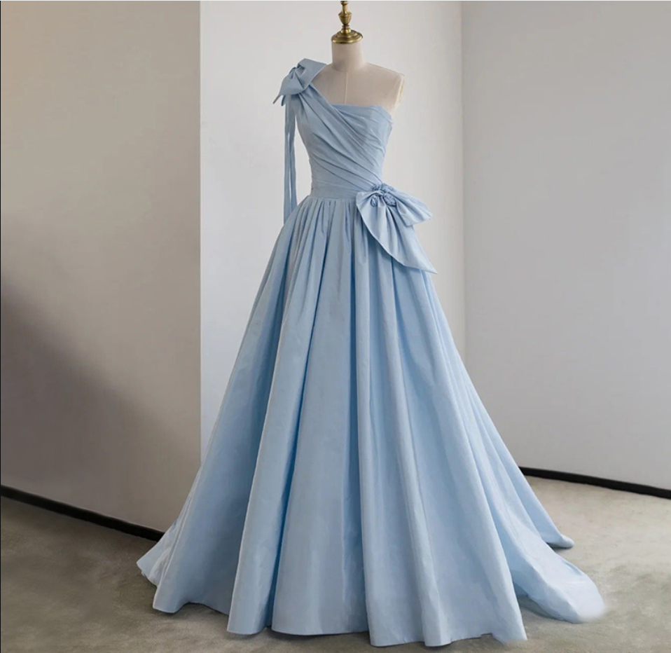 Prom Dresses,blue Satin One Shoulder Long Party Dress With Bow Blue Wedding Party Dress
