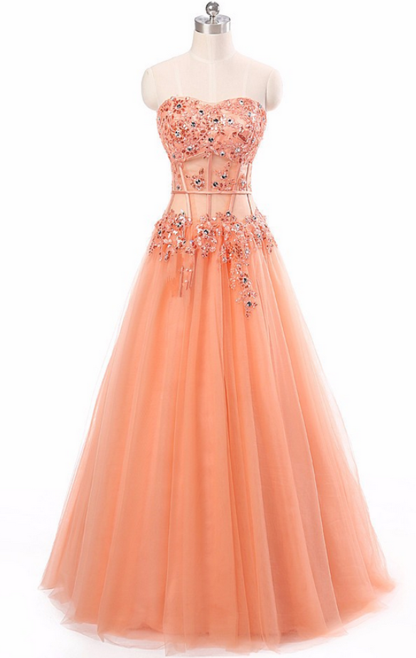 Prom Dresses,coral Beaded Embellished Floor Length Tulle Ball Gown Corset Style Heart Neckline