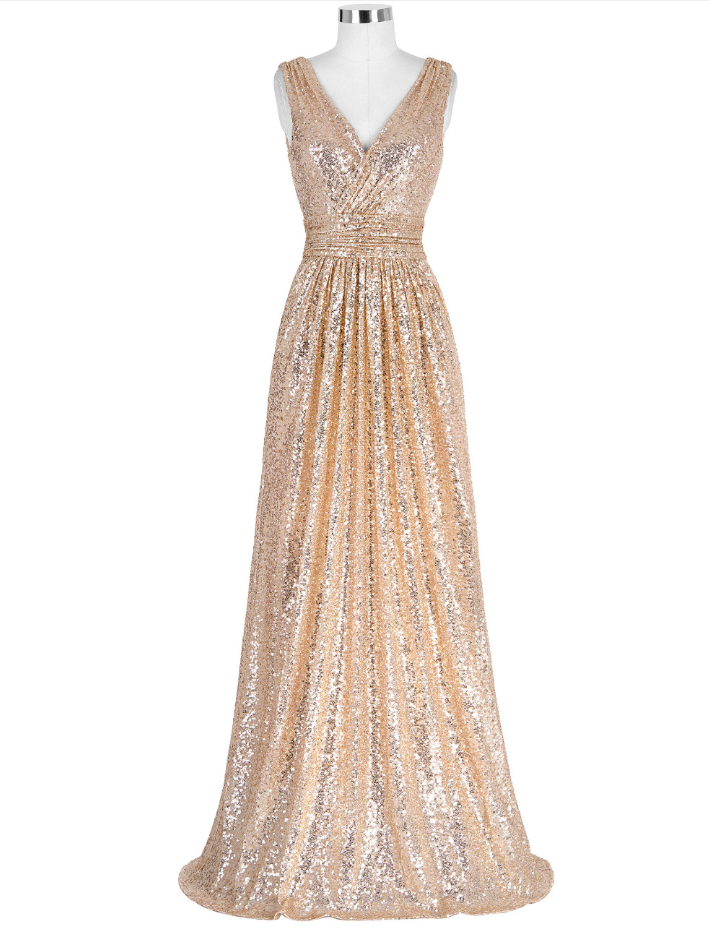 Prom Dresses,gold Sequinned Floor Length A-line Evening Dress Featuring Plunge V Bodice And Ruched Belt