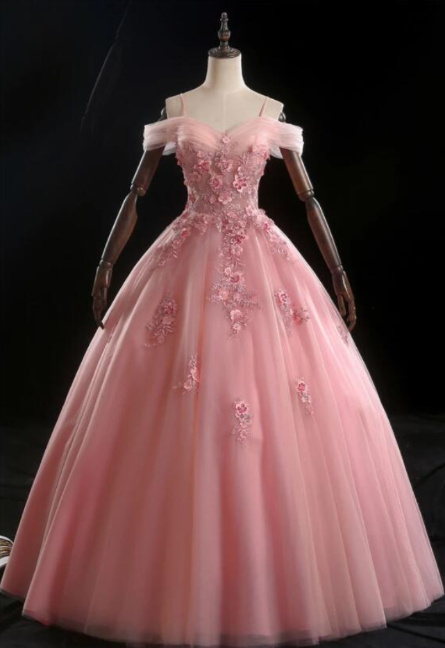 Prom Dresses,sweetheart Princess Style Pink Tulle Applique Embellished Formal Party Dresses