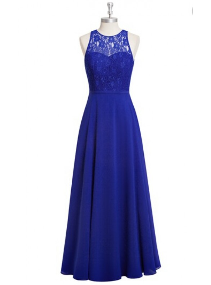 Prom Dresses,charming Sheer Neck Royal Blue Chiffon Bridesmaid Dresses Elegant Long Lace Formal Gowns Wedding Party Guest Dresses Evening Gowns