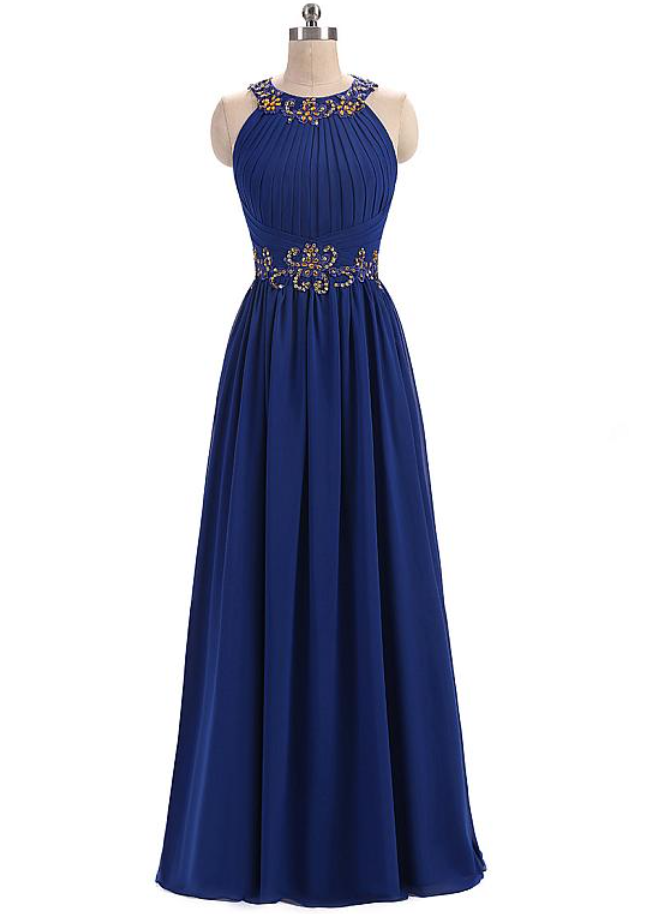 Prom Dresses,elegant Chiffon Jewel Neckline Floor-length A-line Formal Dresses With Beaded Lace Appliques