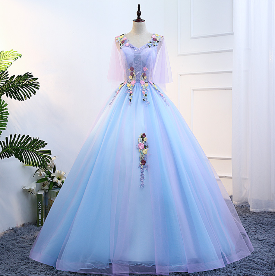 Prom Dresses,gorgeous Stunning Sky Blue Embroidery Floral Attractive Flowers V-neck Sleeveless Long Tutu Ball Party Dress