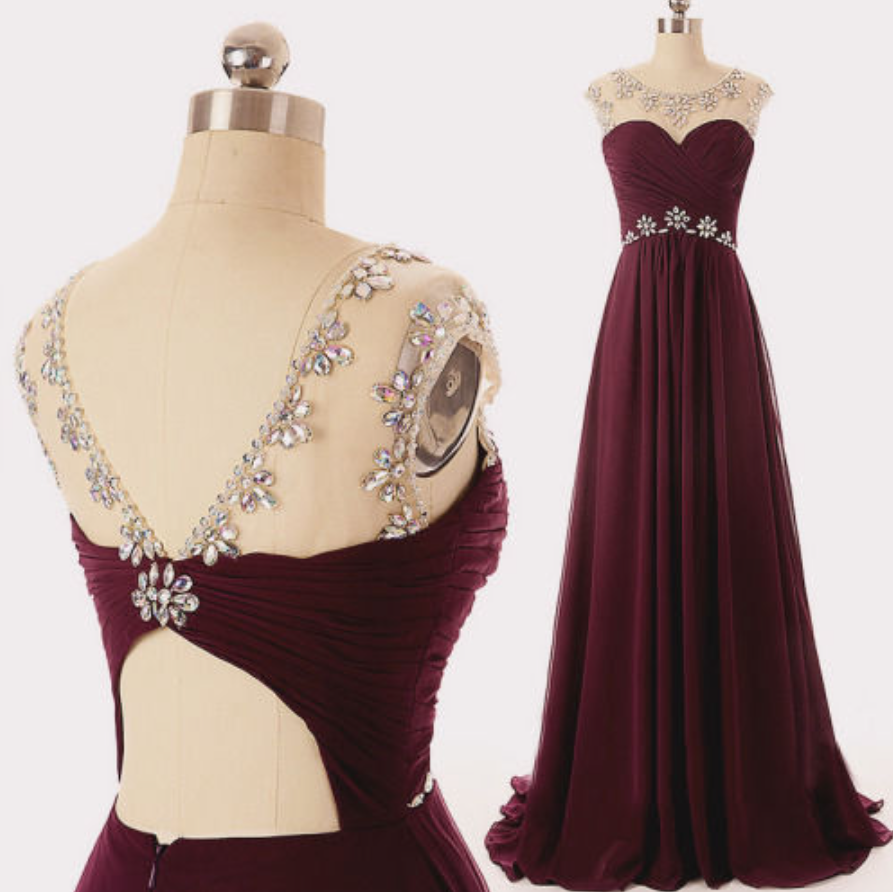Prom Dresses,chiffon Elegant Long Burgundy Backless Prom Dresses