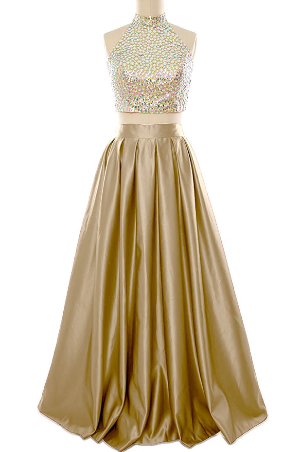 Prom Dresses,high Neck Prom Dresses Beaded Gold Two Piece Party Dresses