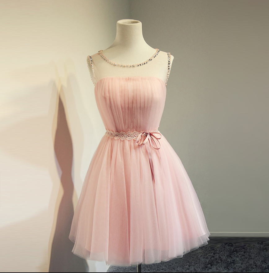 Homecoming Dresses,sweet And Cute Pink Tulle Round Neckline Homecoming Dresses