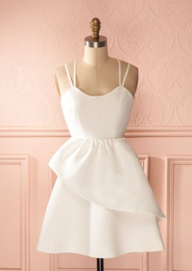 Homecoming Dresses, White Satin Spaghetti Strap Short Ruffle Homecoming Dresses