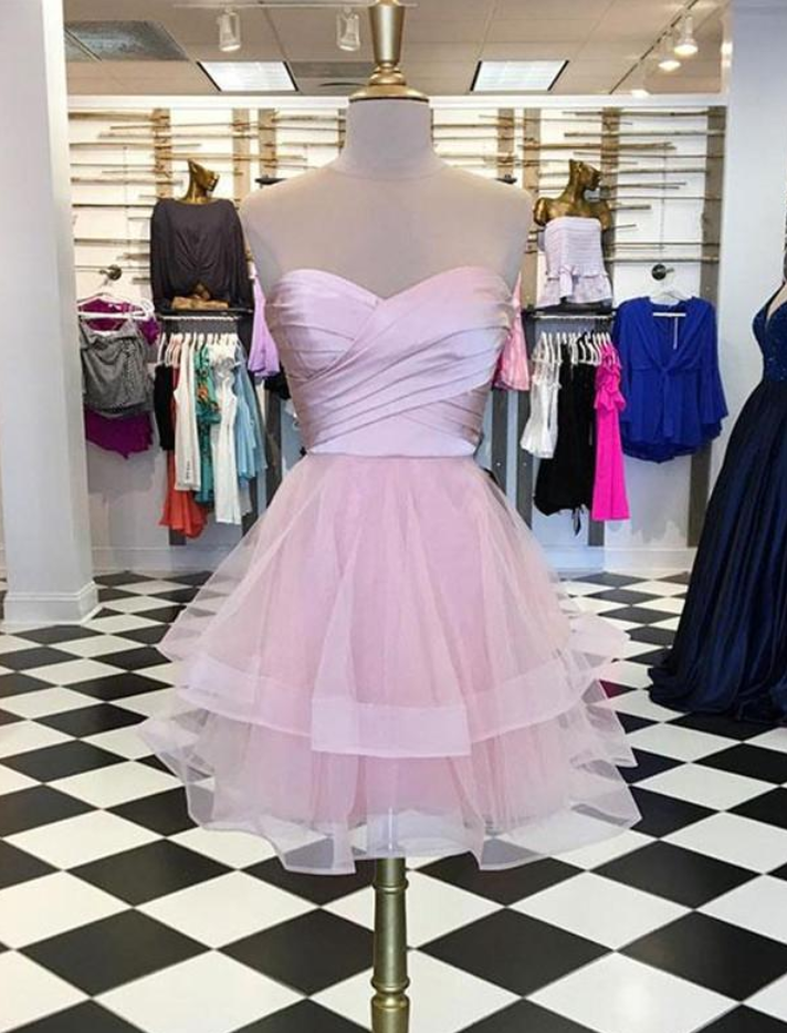 Homecoming Dresses,cute Sweetheart Neck Pink Prom Dresses Satin Mesh Patchwork Short Party Dresses