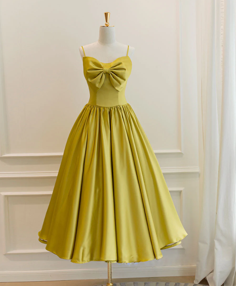 Homecoming Dresses,simple Yellow Satin Tea Length Prom Dress Yellow Homecoming Dress