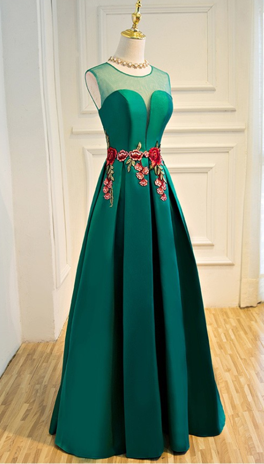 Prom Dresses,evening Dress Sheer Plunging Neck Emerald Green Long Formal Occasion Dress With Appliques