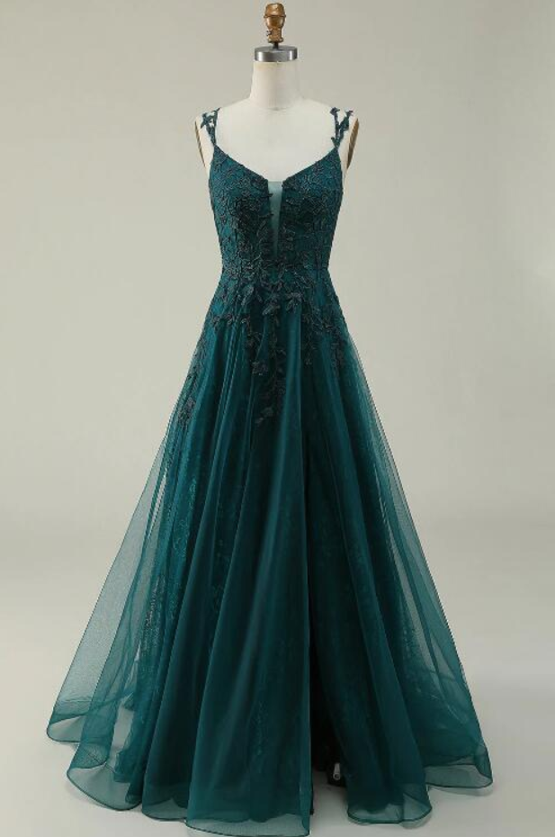 Prom Dresses,a Line Spaghetti Straps Dark Green Long Prom Dress With Appliques