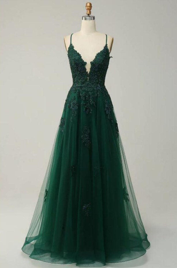 Prom Dresses,a-line Spaghetti Straps Dark Green Cross Back Long Party Dresses